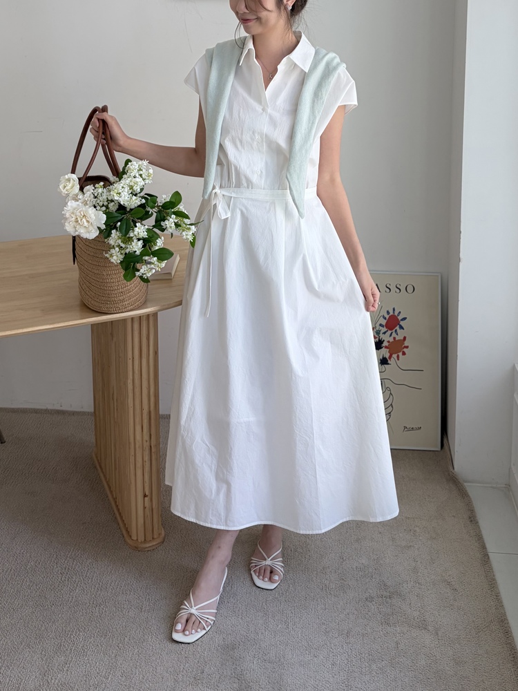 Elasticated Waist Shirt Dress (White)