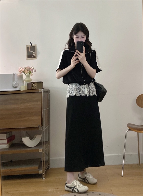 B205(3122) 法式时尚前排拉链拼肩袖蕾丝下摆束带上衣与蕾丝边长裙黑套装