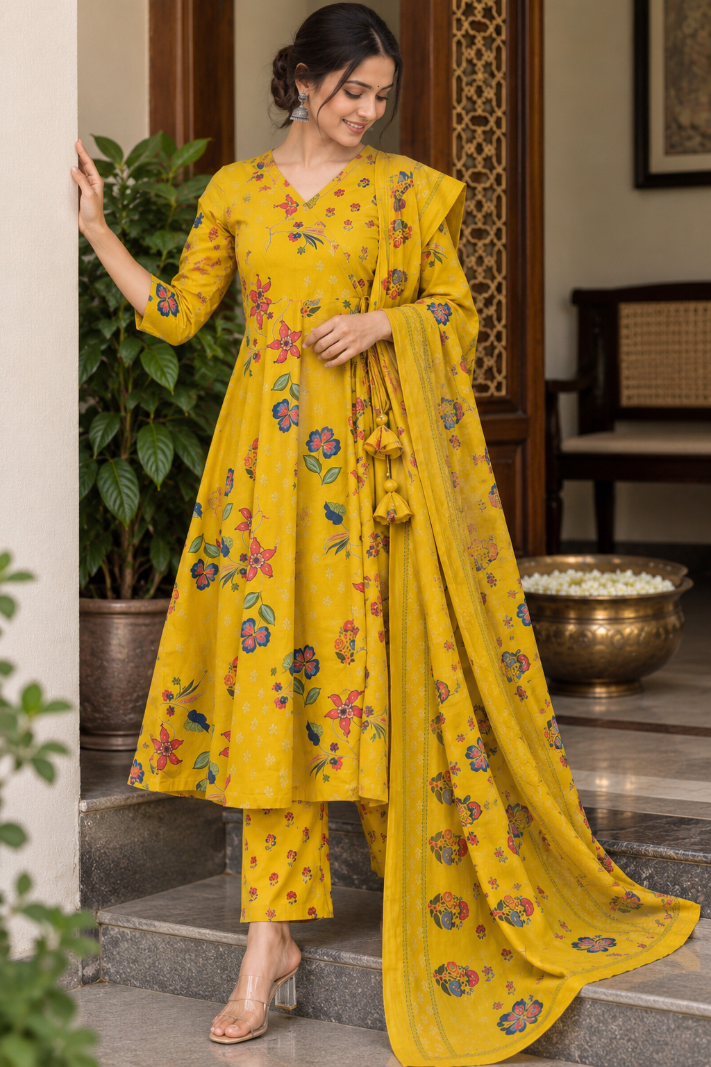 Mustard Floral Cotton Anarkali set