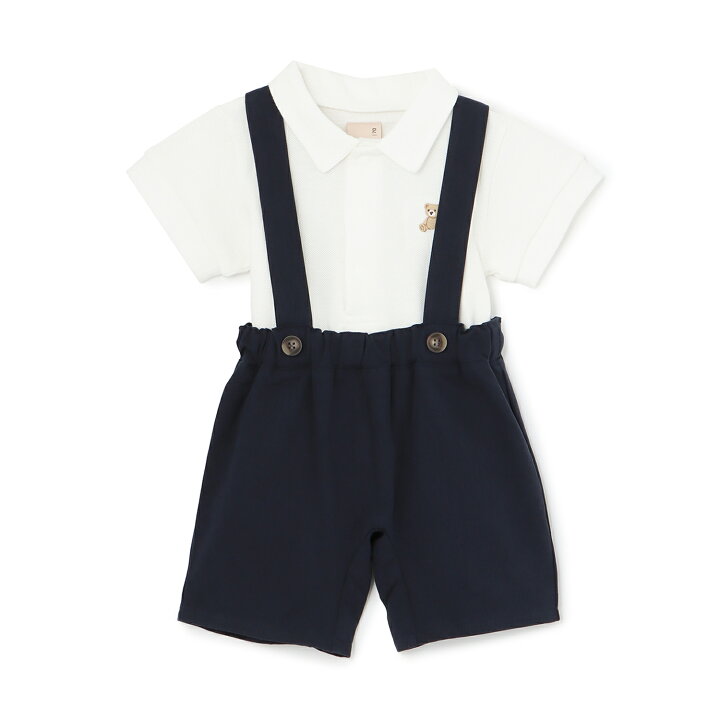 🇯🇵預訂 日本直送🇯🇵Petit Main兩色小熊刺繡翻領短袖包屁衣吊帶褲套裝