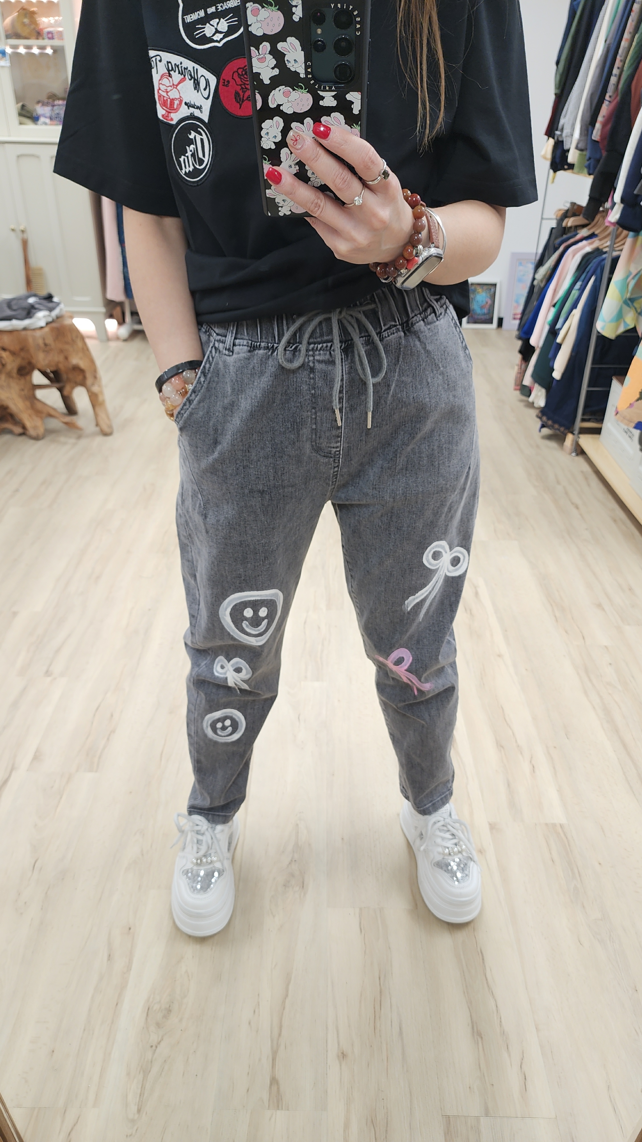 韓國炭灰哈哈笑心心印圖修腳橡筋牛仔褲