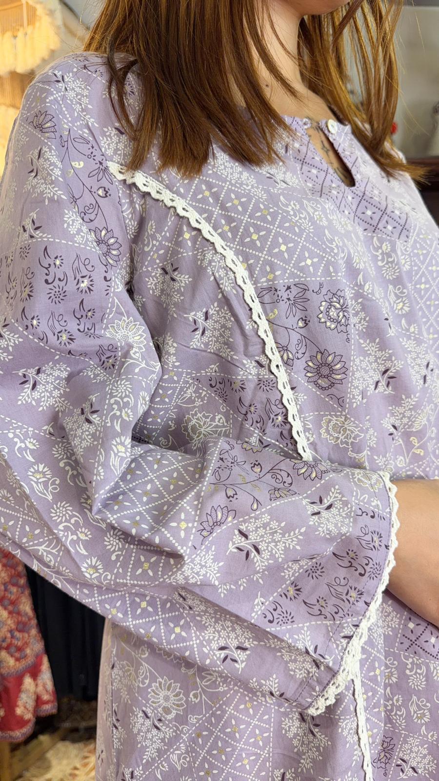 3576 Taro Cotton With white Lace Kurta
