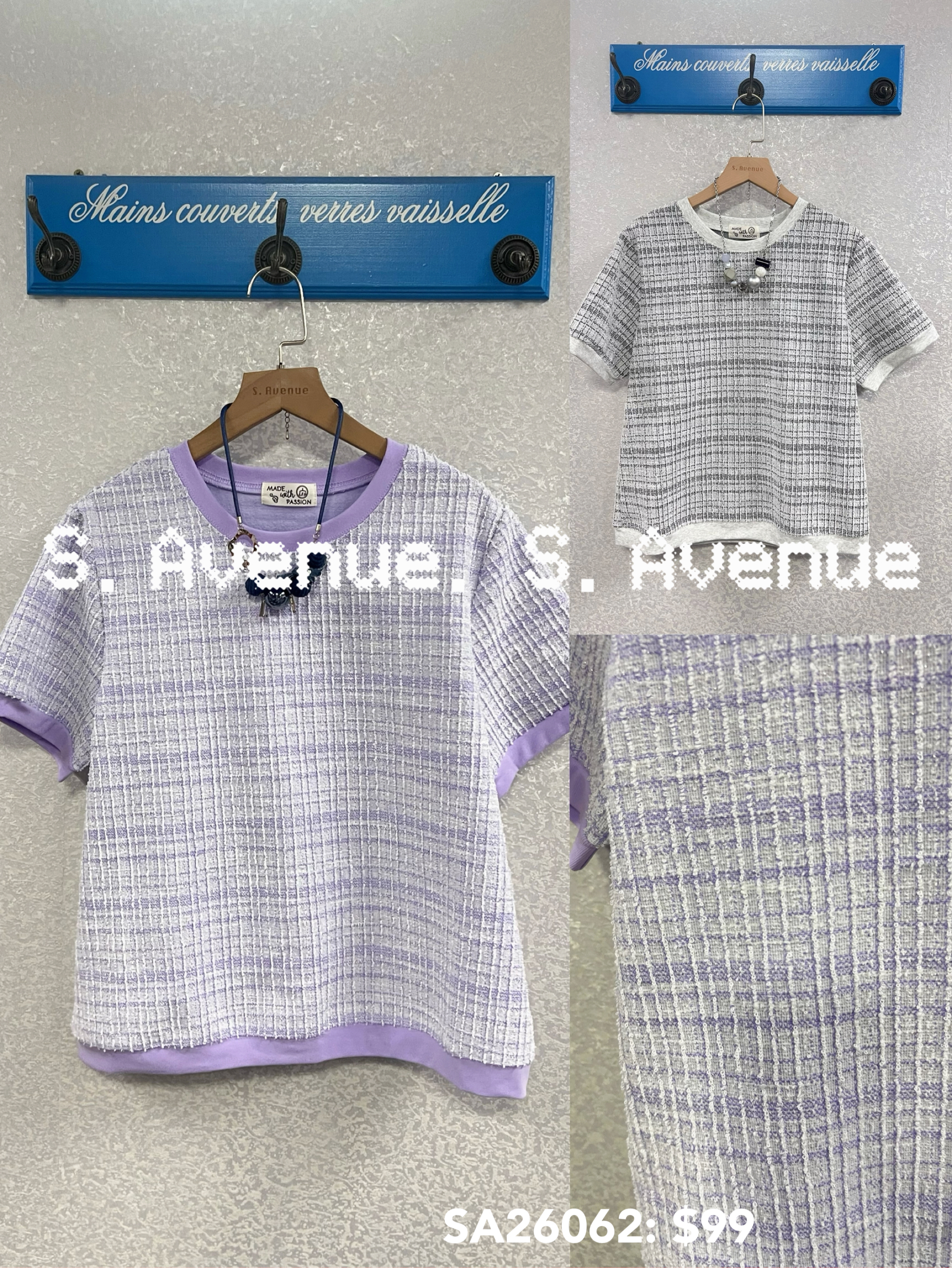 SA26062: 短袖混紗格仔top