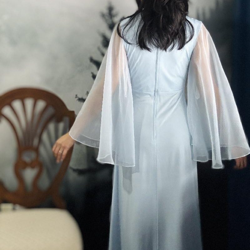 Rare! 1970s Powder Blue Chiffon "Angel Sleeves" Maxi Dress (MT2525）