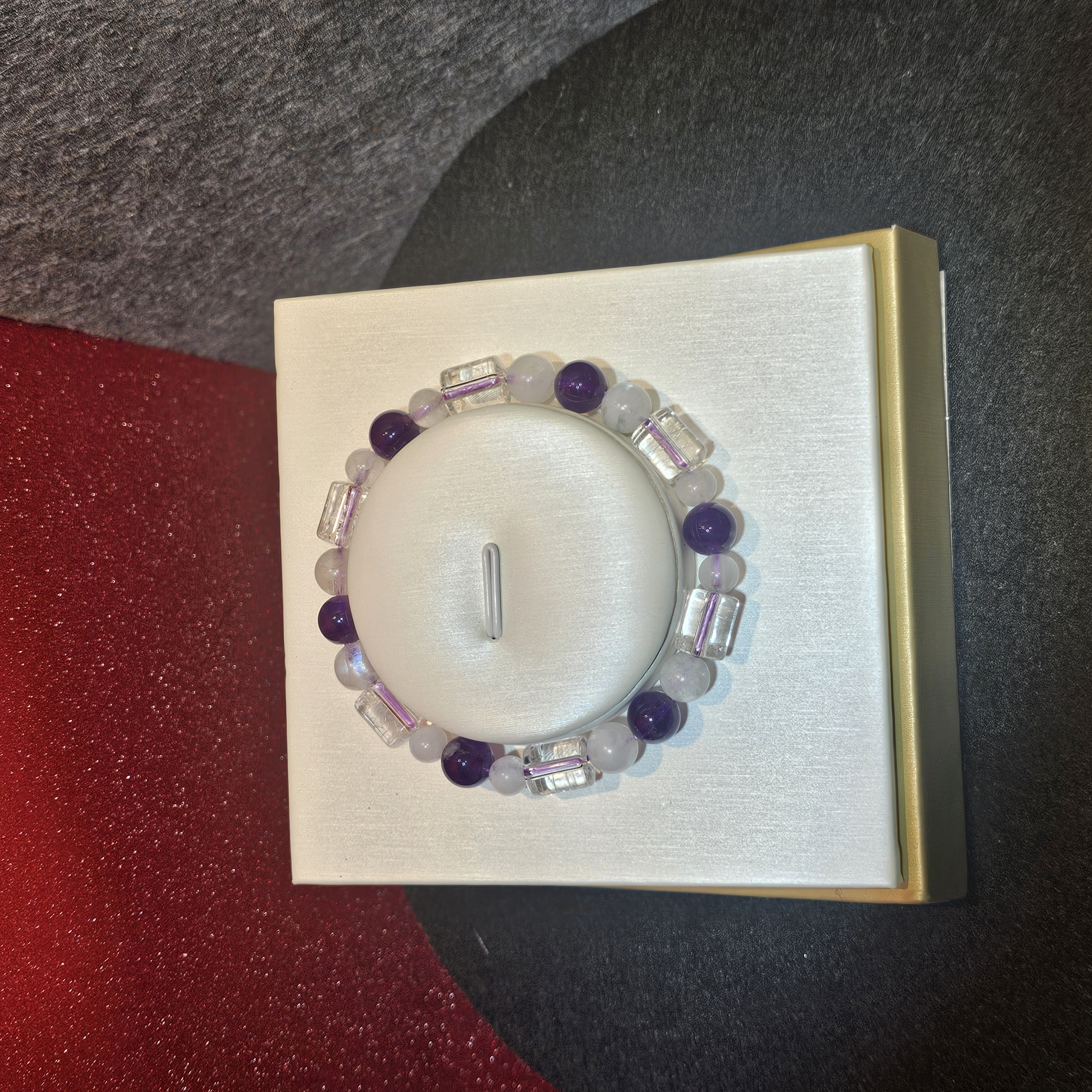 紫水晶爆花白水晶月亮石手鏈