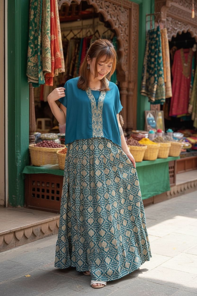 #1497 Peacock Blue V-Neck Emb. Top 20" 