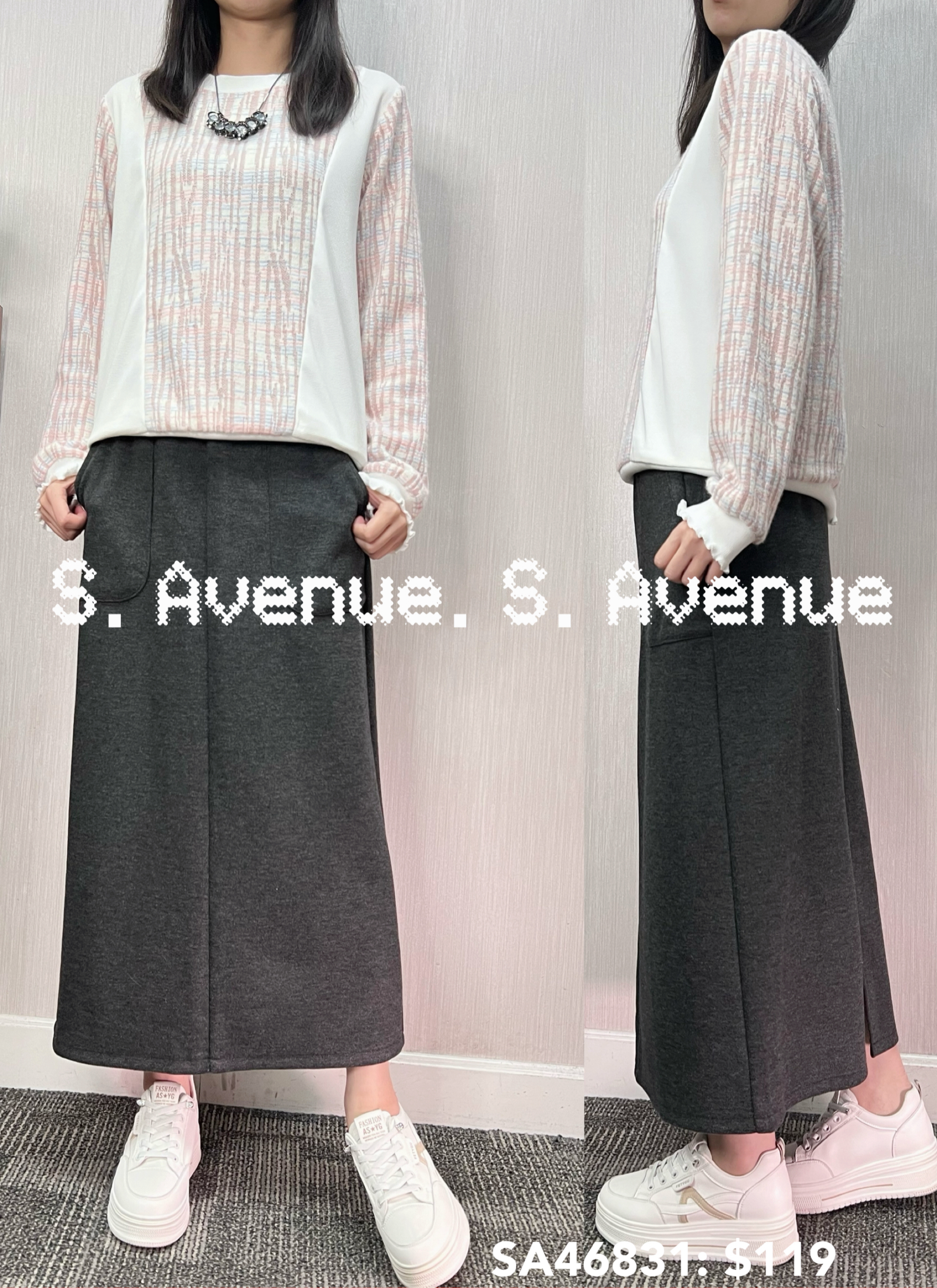 SA46831:長袖側拼布格仔top