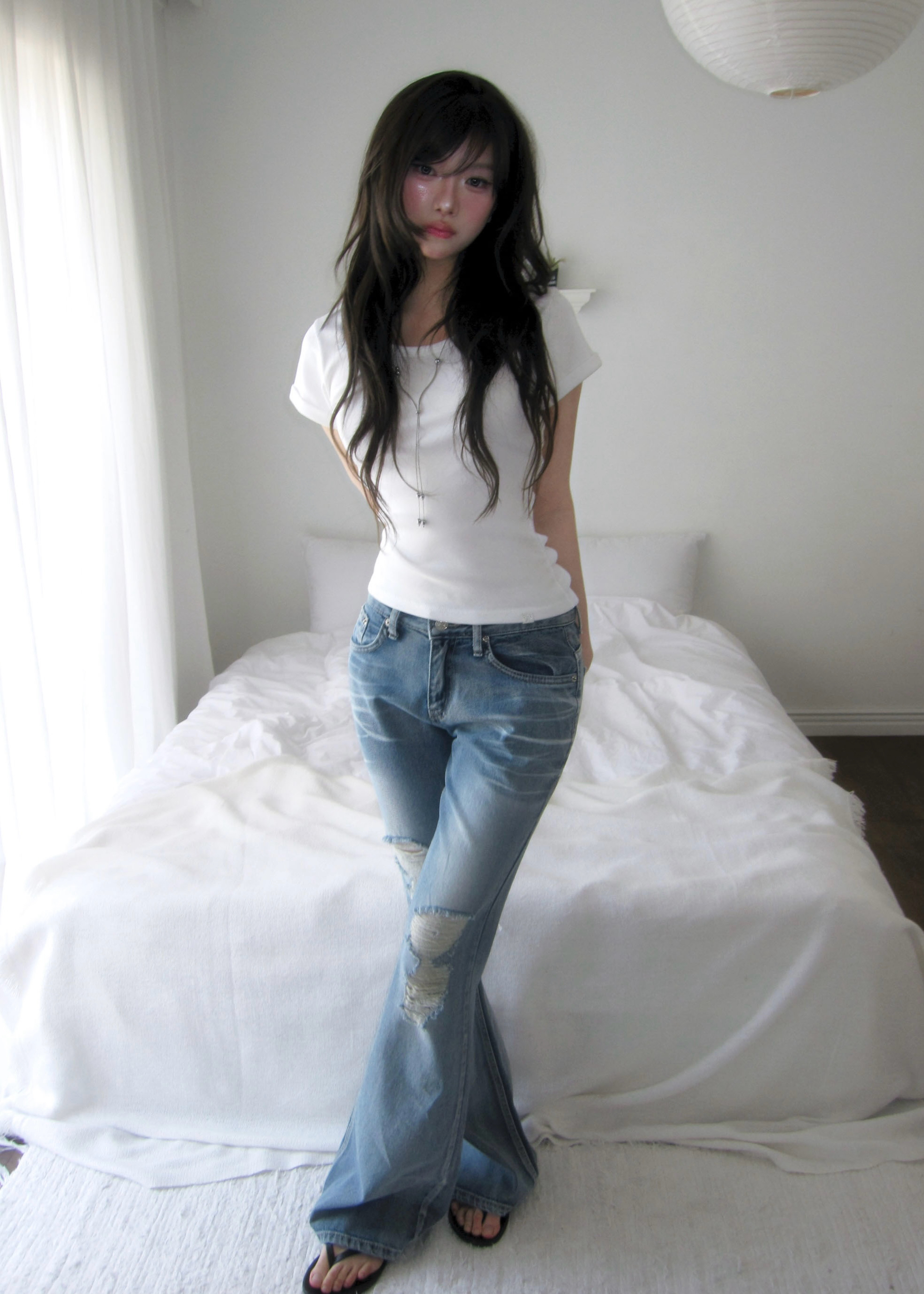 Washed Distressed Flare Jeans