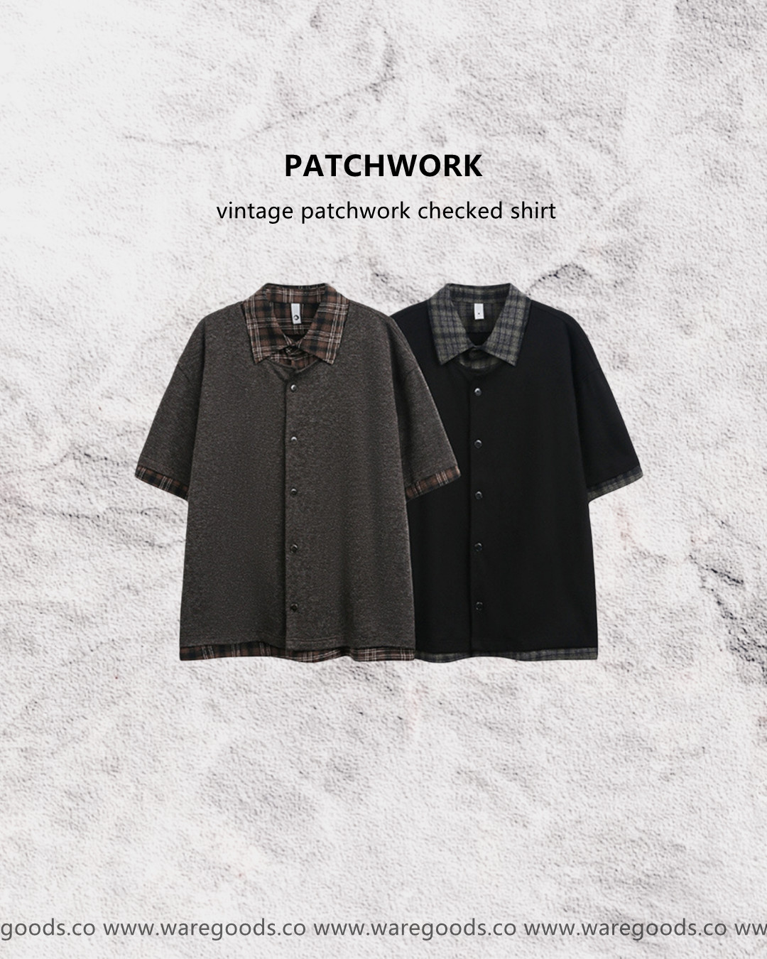 W2712格仔拼接假兩件短袖襯衫