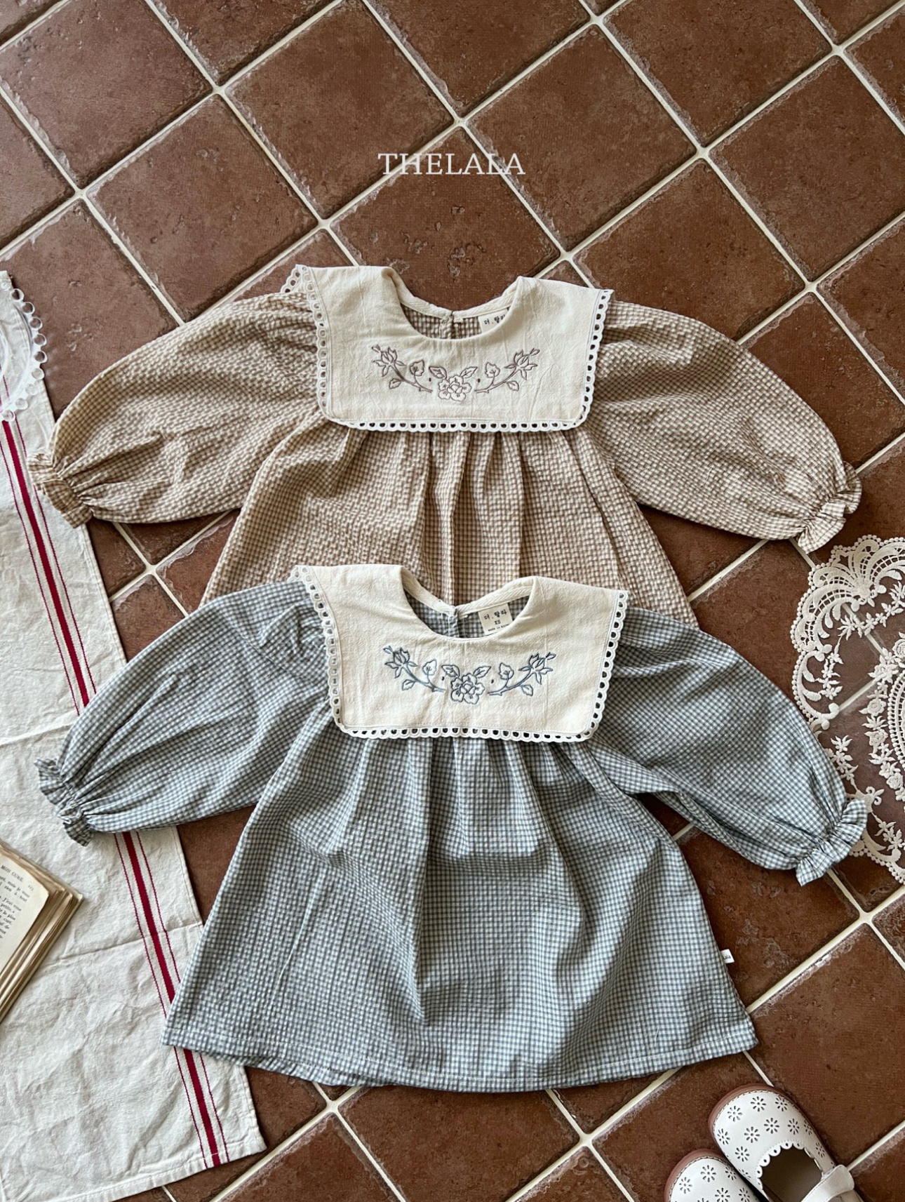 🌸預訂 韓國直送🌸🇰🇷THELALA兩色花卉刺繡方形翻領格紋長袖連身裙