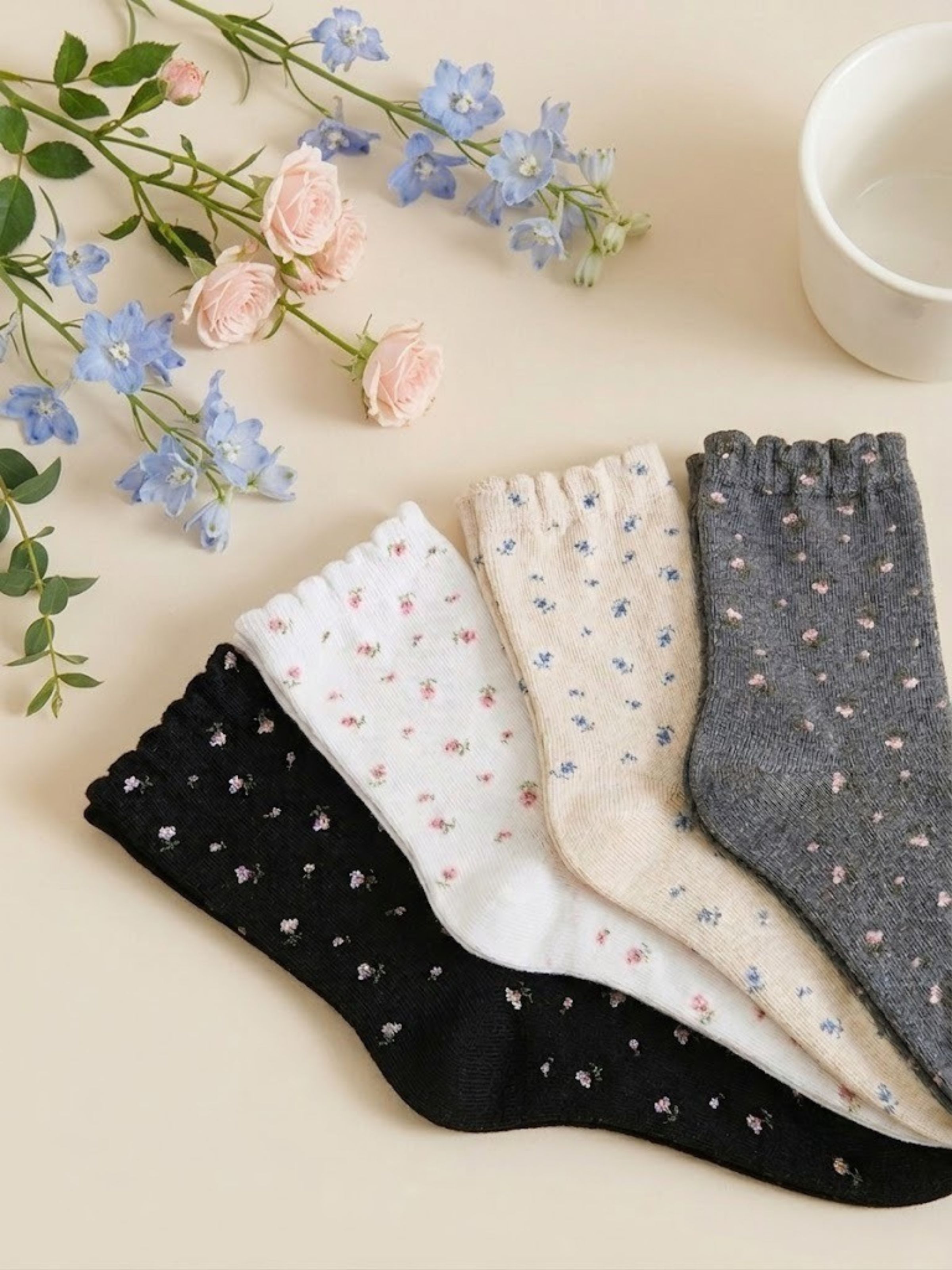 Korean Petite Bloom Women's High Crew Socks