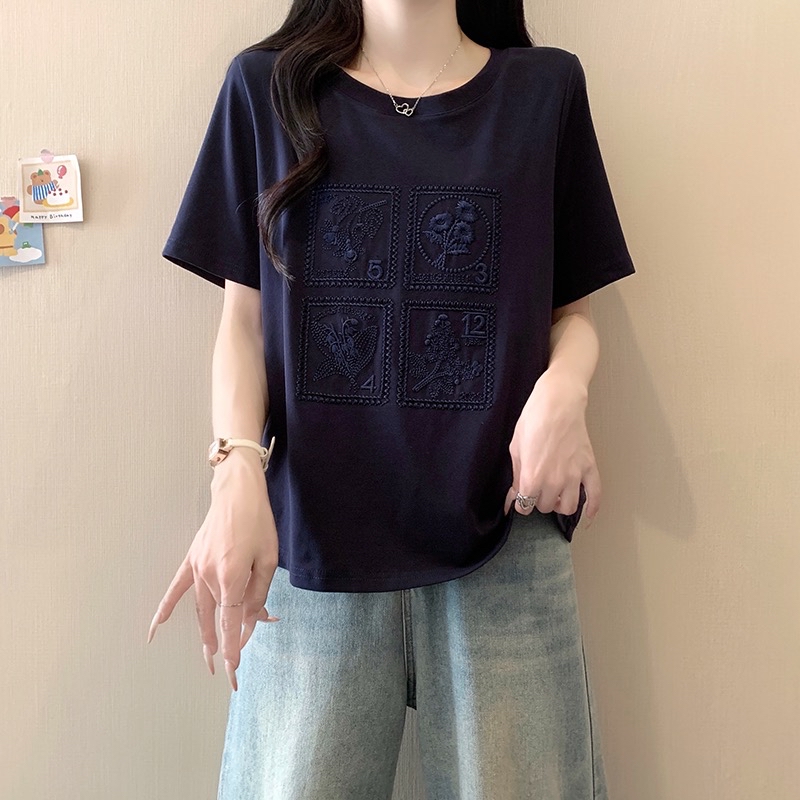 B68(3973) 韩系小香风同色系小花刺绣邮票蓝白上衣