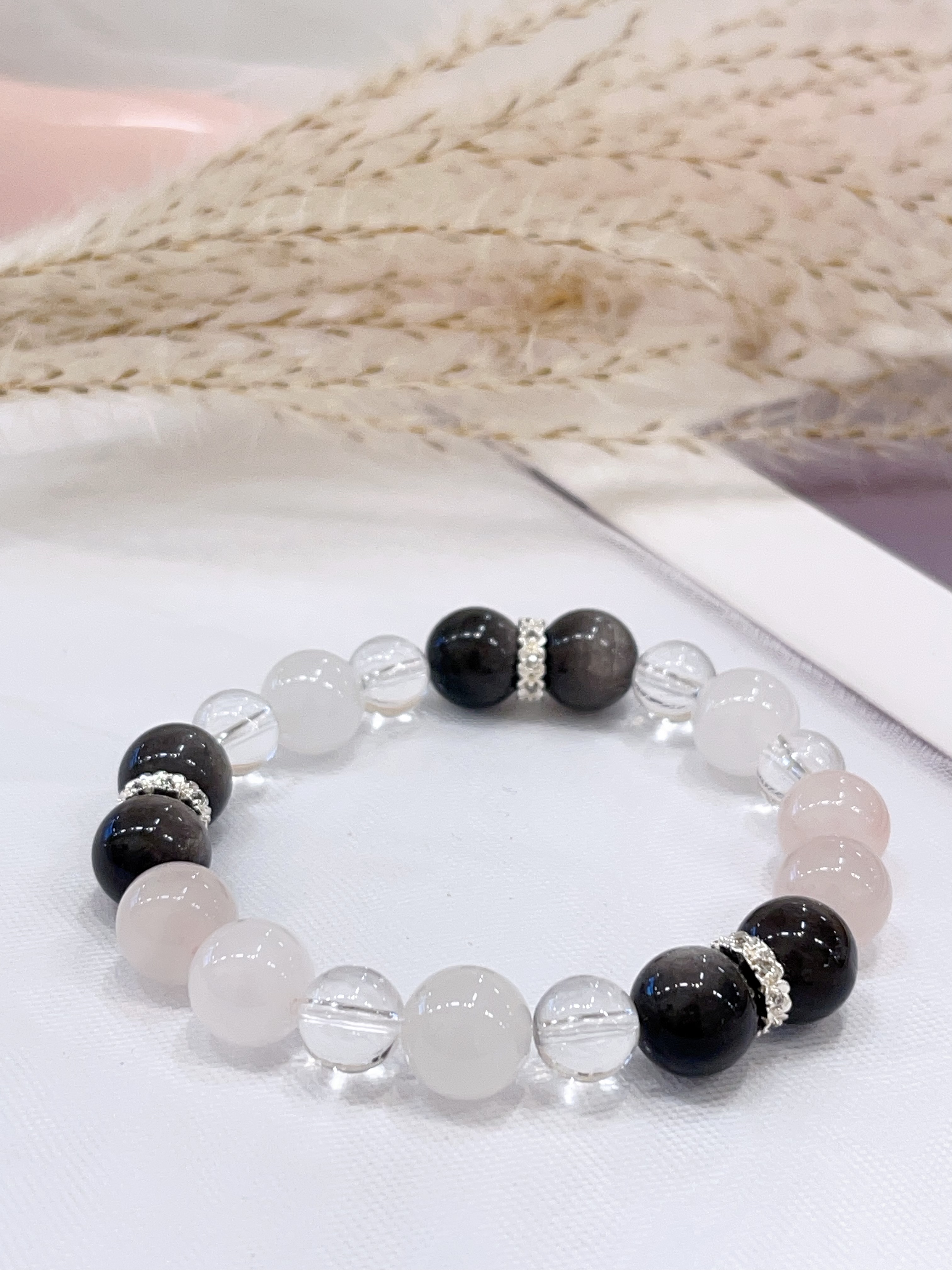 ✨ 银曜石 × 白水晶 × 粉水晶 × 白幽灵手串 Silver Obsidian & Clear Quartz & Rose Quartz & White Phantom Quartz | 8mm-10mm 