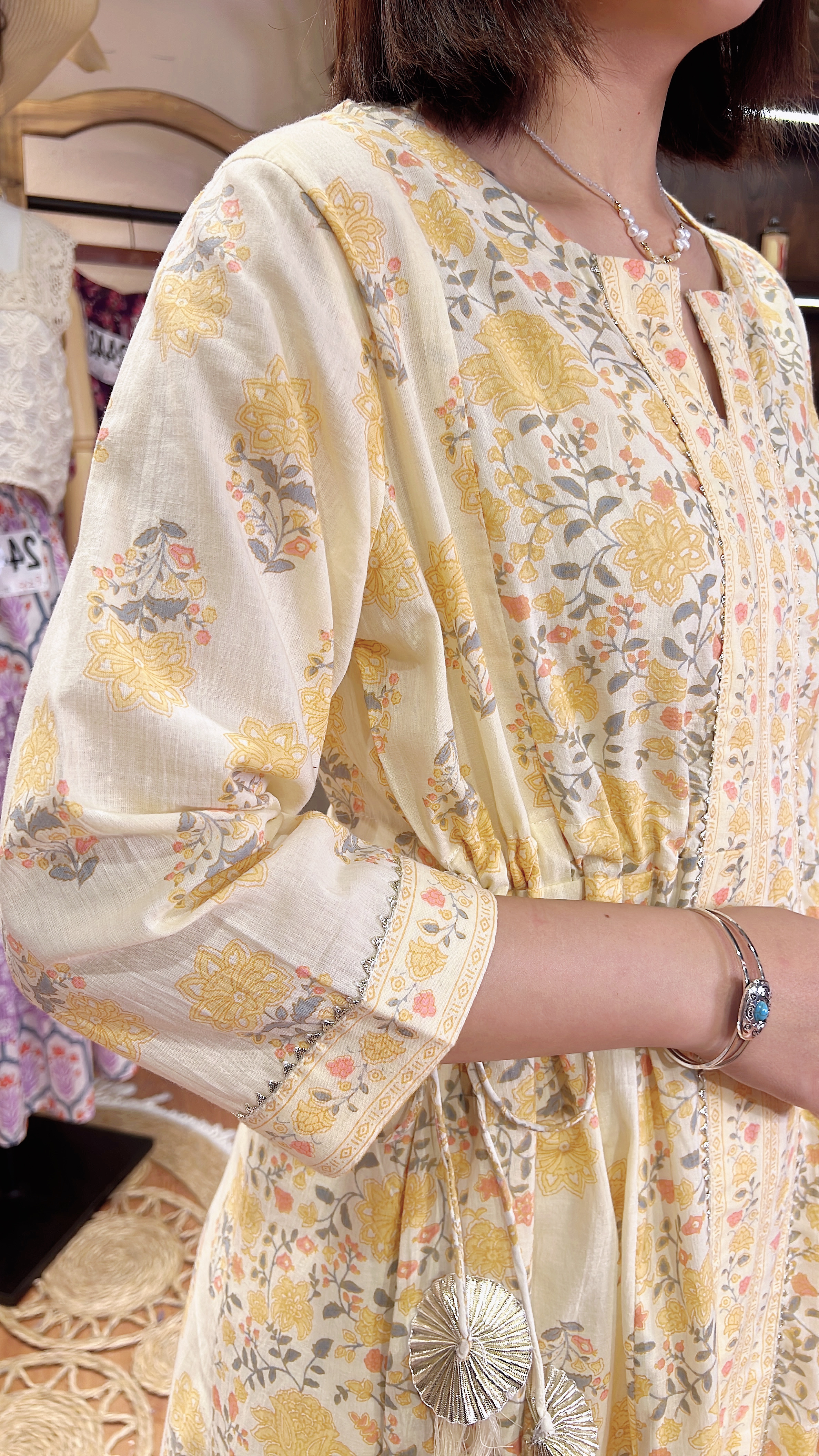 2459 Light Yellow Patchwork with adjustable Rope 46"