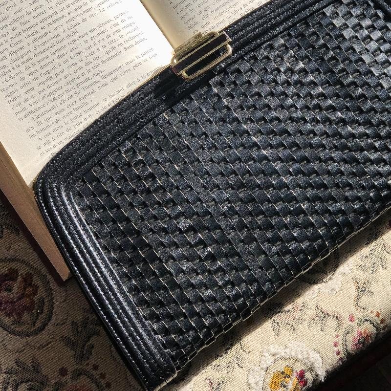 Vintage Black Weaving Leather Strips Two-Way Clutch/Shoulder Bag from Japan (MT1628)