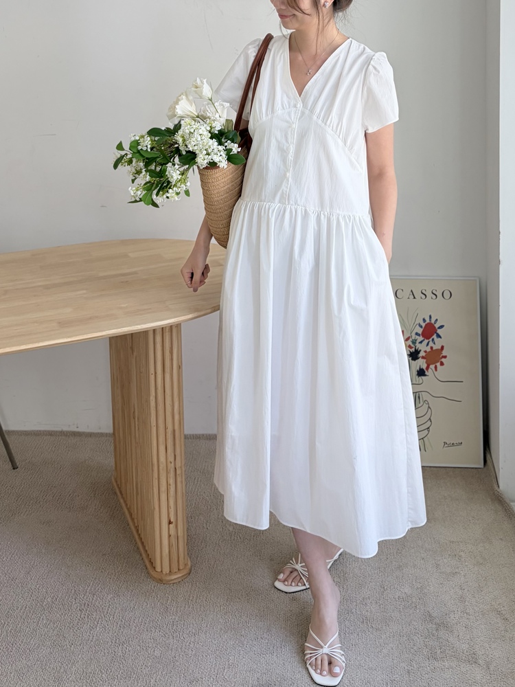 Airy Button Front Long Dress (White)