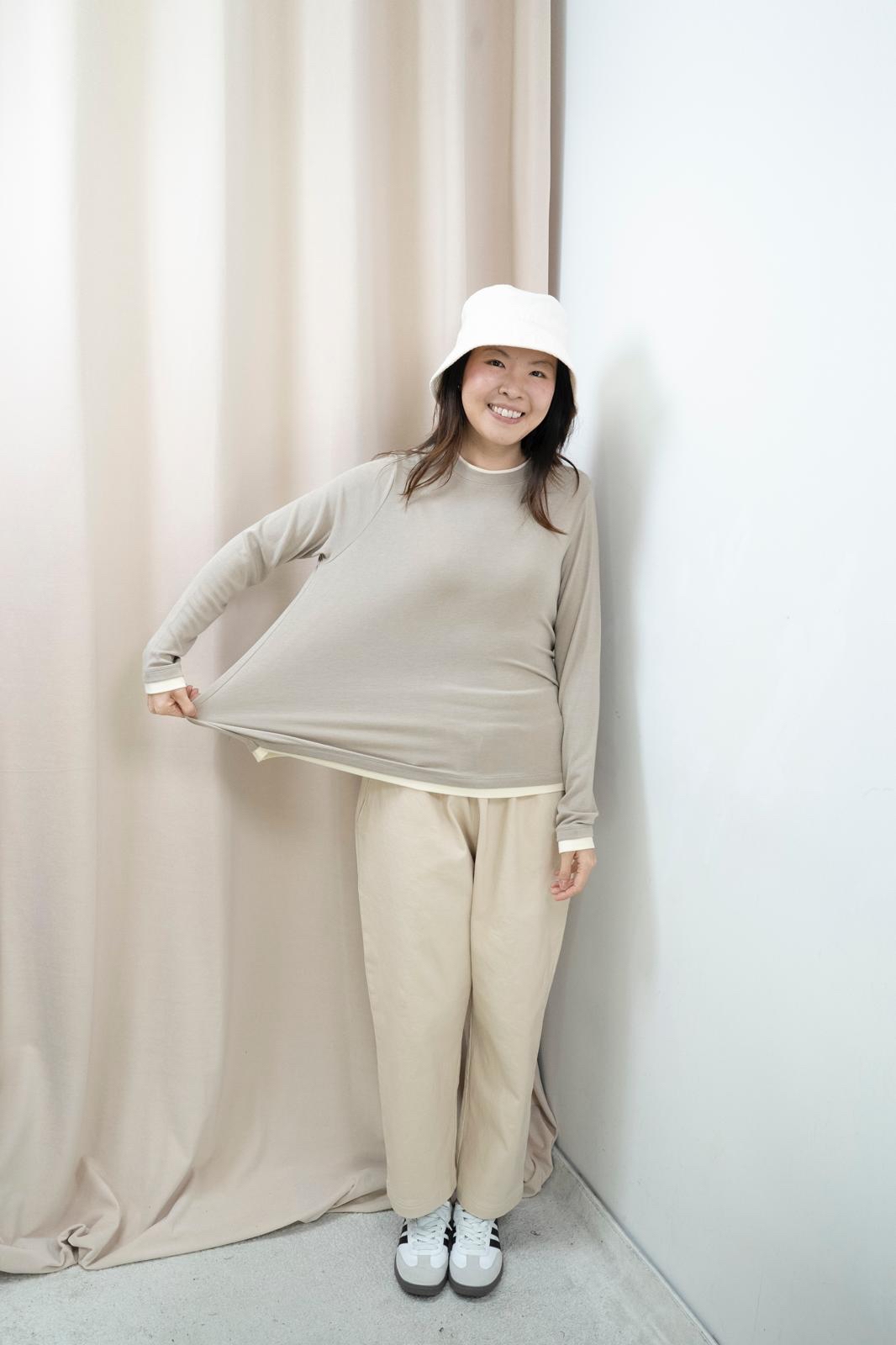 超彈拼色領邊上衣（深米色）