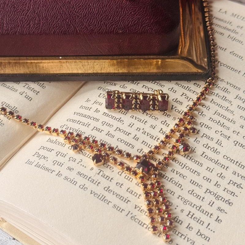 Vintage C.a. 1980s Czechoslovakian Ruby Red Glass Jewelry - Brooch/Earrings/Necklace (NZ061)
