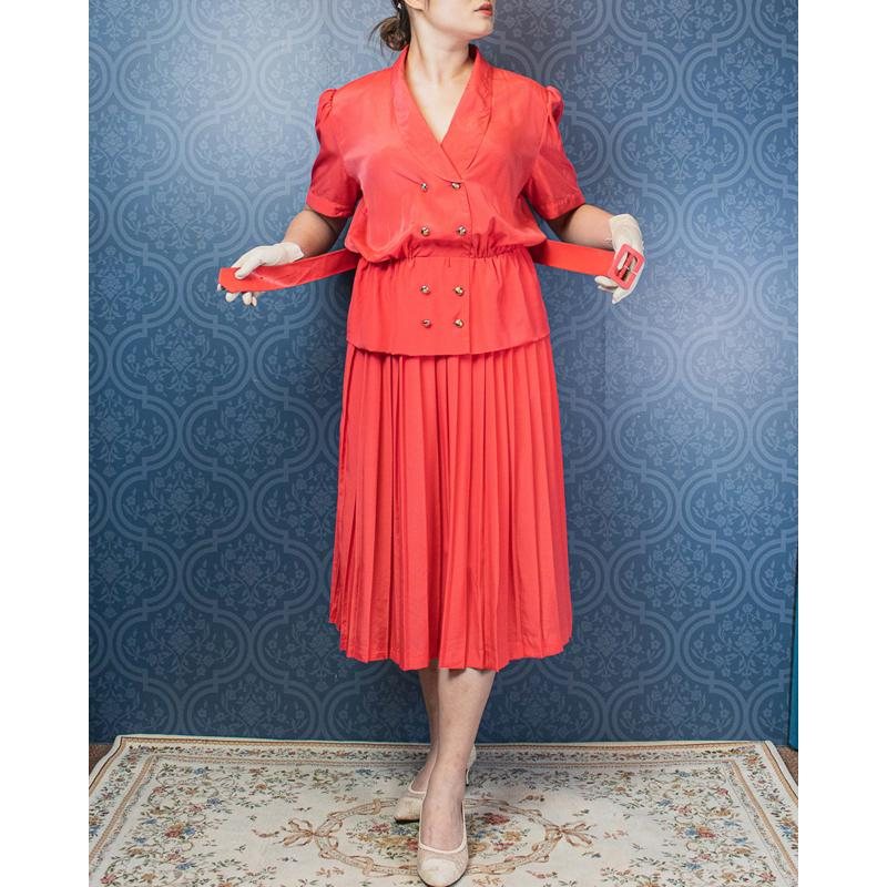Vintage C.a. 1980s Hana Sung Made in Korea Faux Twin Set Dress with Original belt - US size 14 (MU104-28)