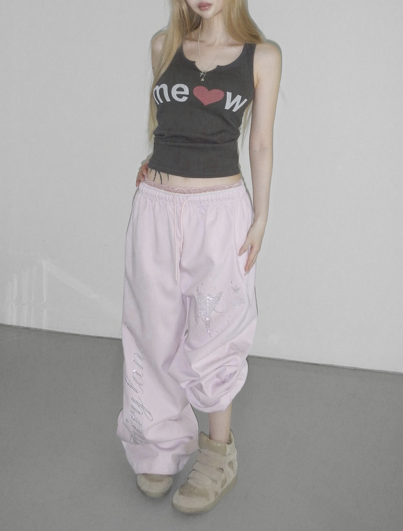 Rhinestone Graphic Wide-Leg Pants