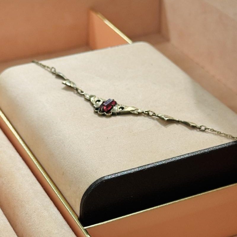 Rare! Antique 1920-40s Czechoslovakian Art Deco Red Rhinestone Golden Necklace (C010)