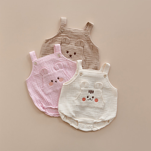 26S/S DTD奶萌人物系列 - 有機棉紗背帶爬服 / 娃娃帽