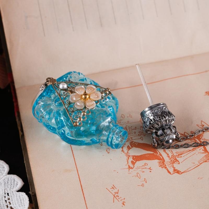 Vintage Sky Blue 3D Floral Glass Dangle Faux Pearl Purse Perfume Bottle Necklace - Recomposed New Old Stock(MZ001-16)
