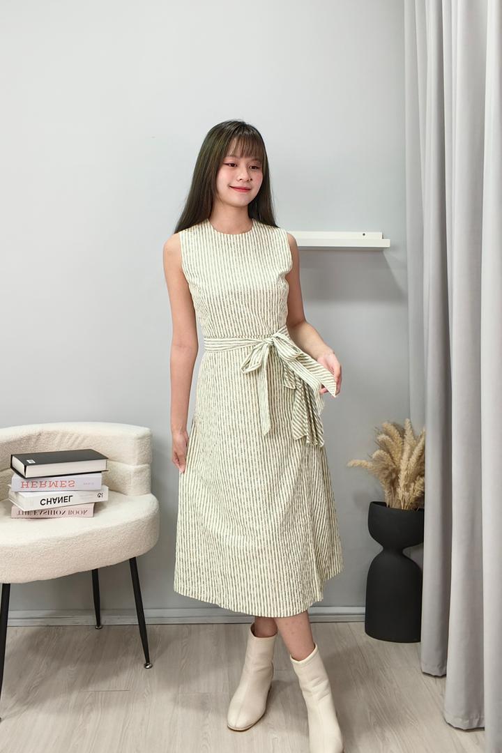 934916 Soft Stripe Ribbon Waist Midi Dress
