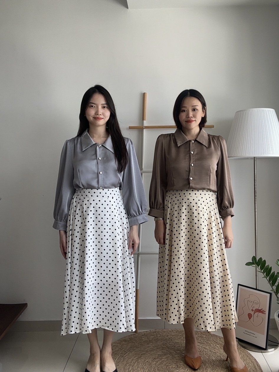 S1877 Polka Dot A Line Skirt - Cream & White