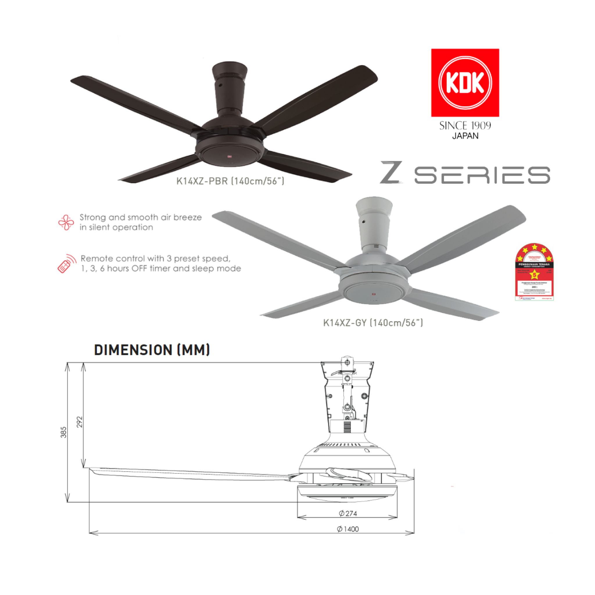 KDK 56" 4-Blade Remote Ceiling Fan K14XZ-PBR (Brown)