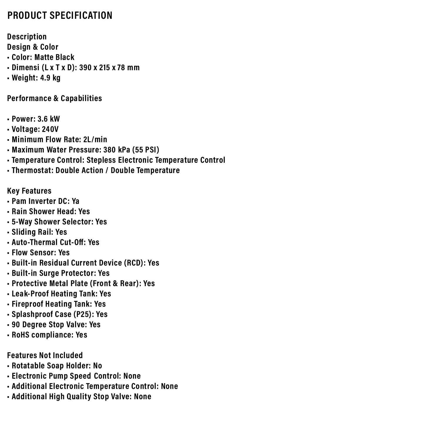 Sharp DC Pump Rainshower Water Heater (WHP315RNMB)