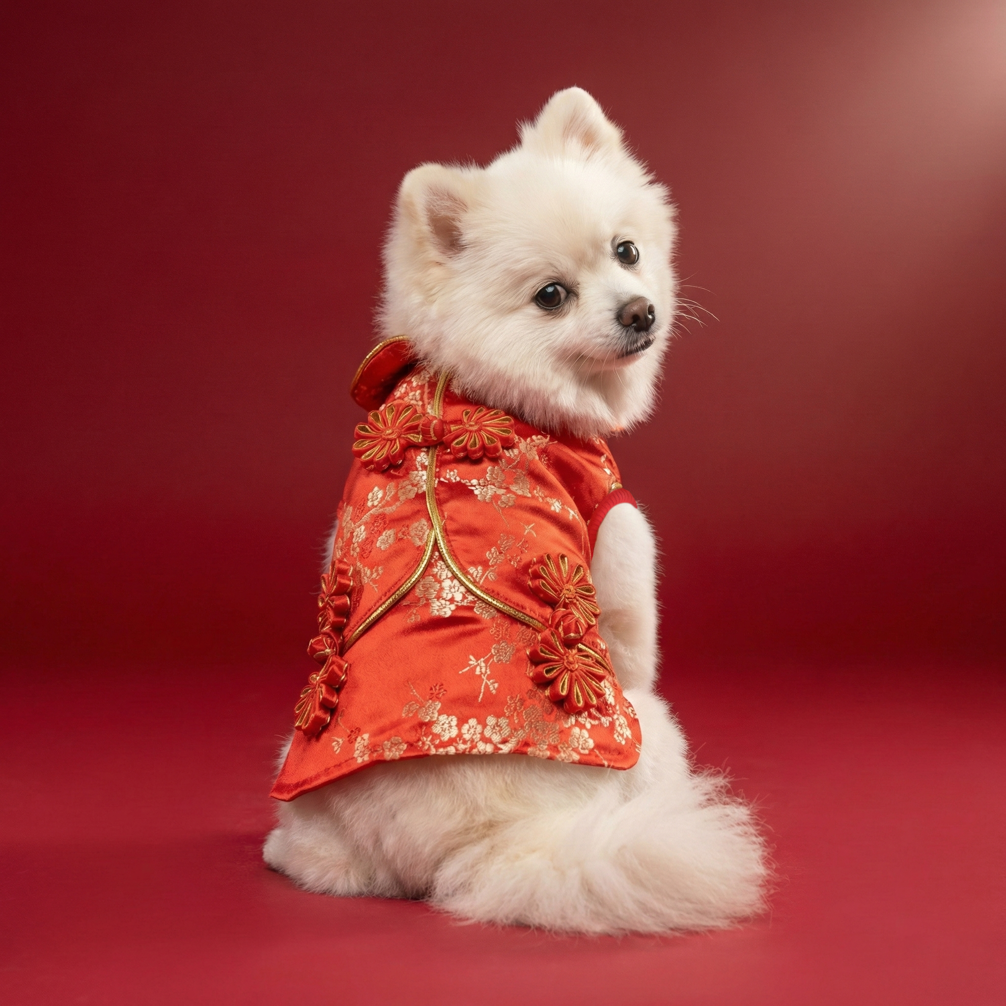 S642RD  金邊織錦賀年裙 - 紅色 Almon Chinese Style Dog Dress - Red