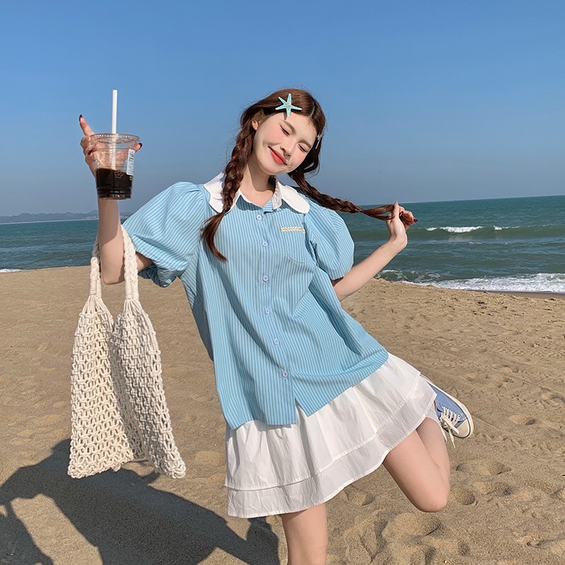 B298(8159衣) 韩系小清新减龄娃娃领直纹蓝上衣 