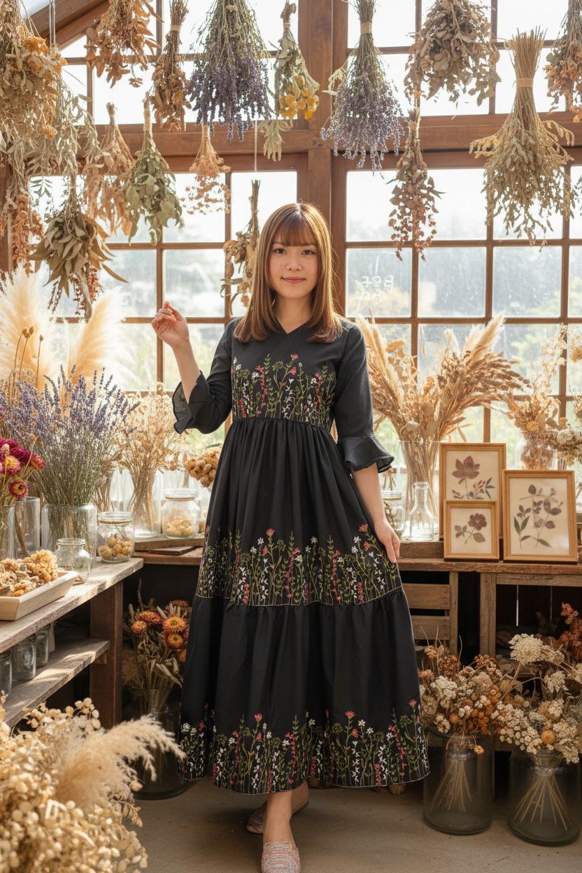 1671 Black Overlap V-Neck Floral Emb. OP 46.5"