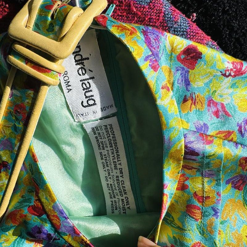Vintage C.a. 1980s André Laug 100% Silk Made in Italy Floral Dress with original Belt(MT1625)