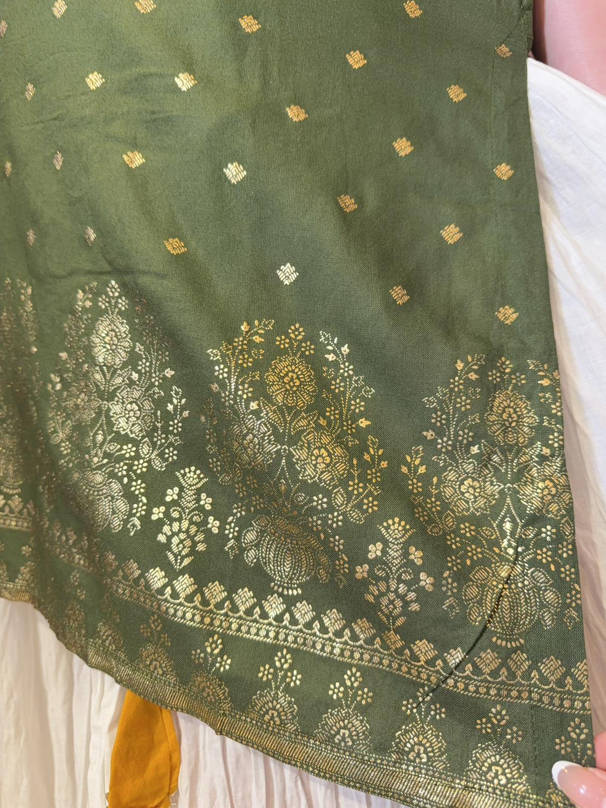 Olive Green Gold Print Embrodiery Kurta #1357