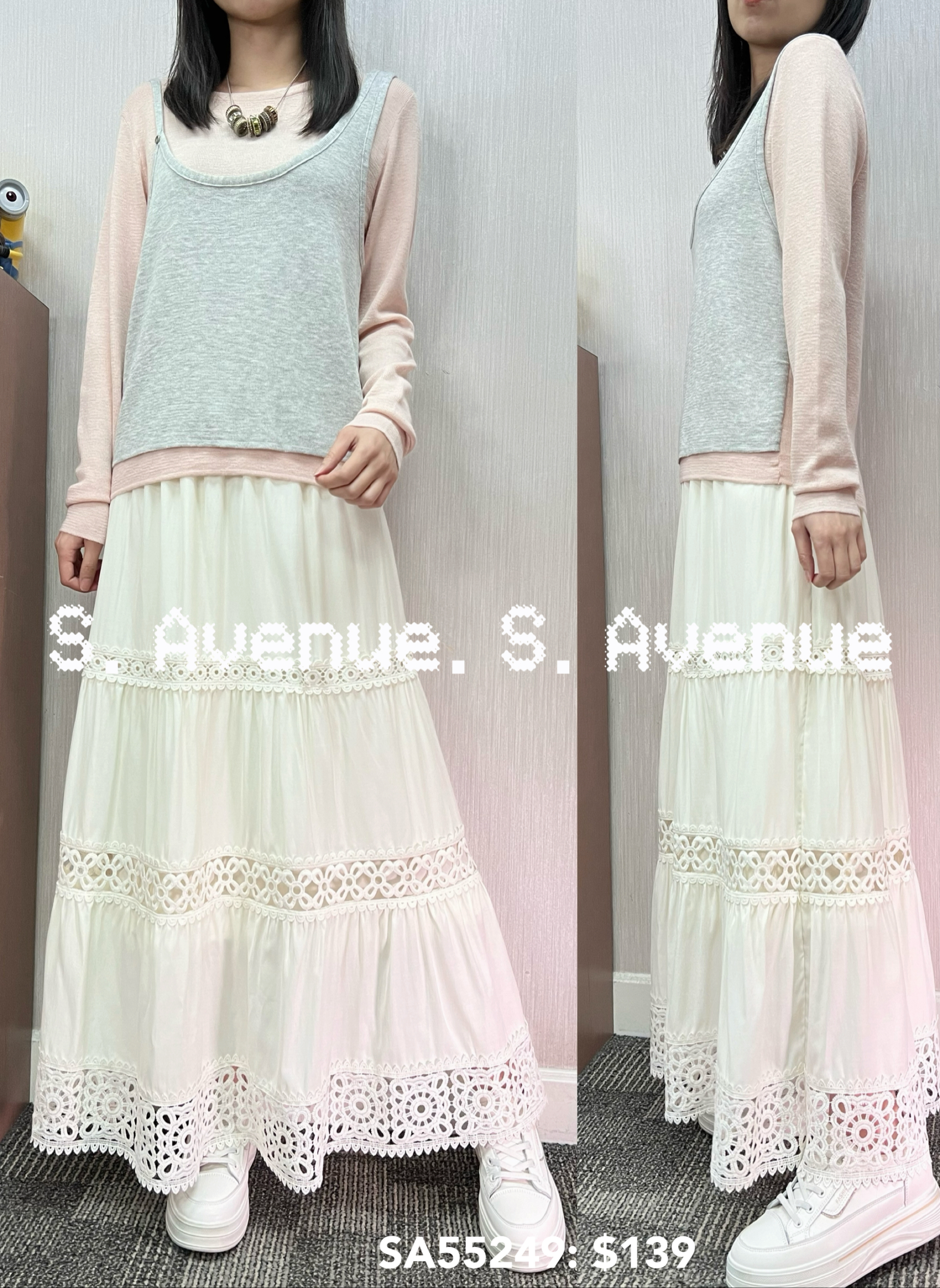 SA55249: 長袖假兩件吊帶背心線top