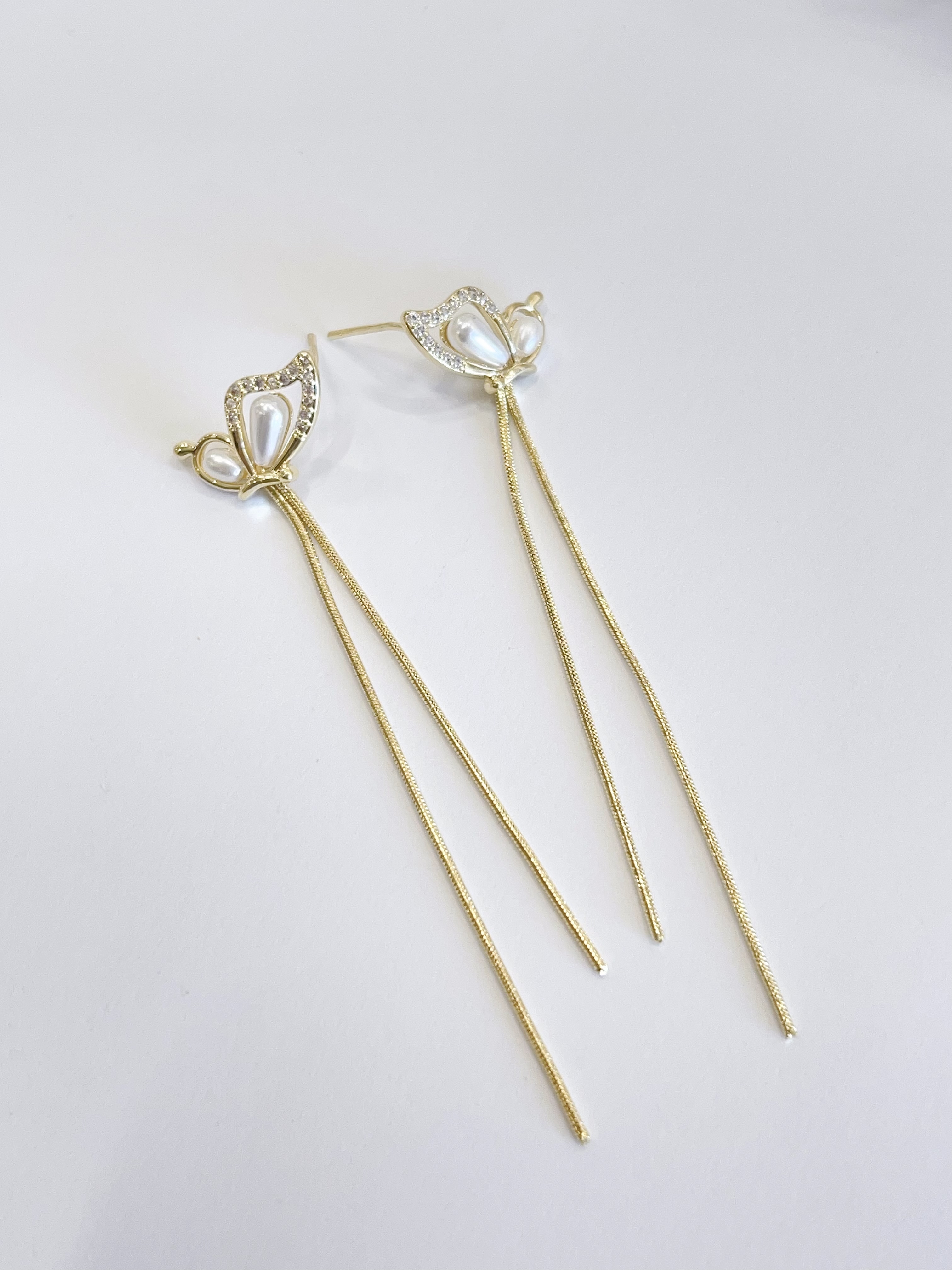 小清新微镶钻石珍珠蝴蝶流苏耳环