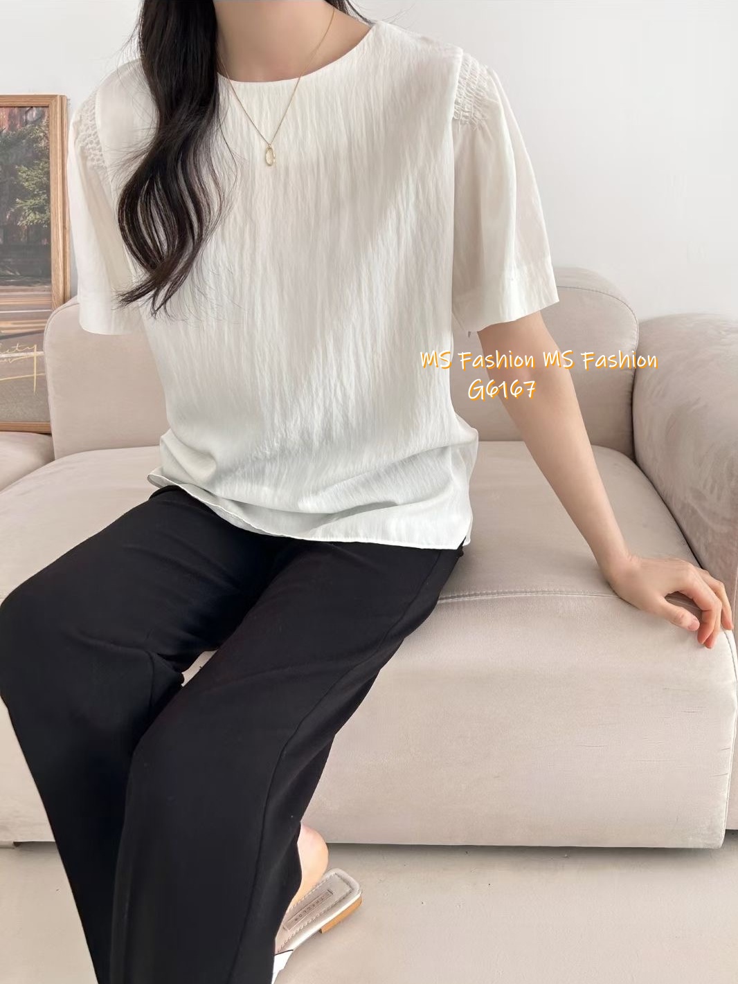 G6167 韓國🇰🇷淨色肩皺摺top