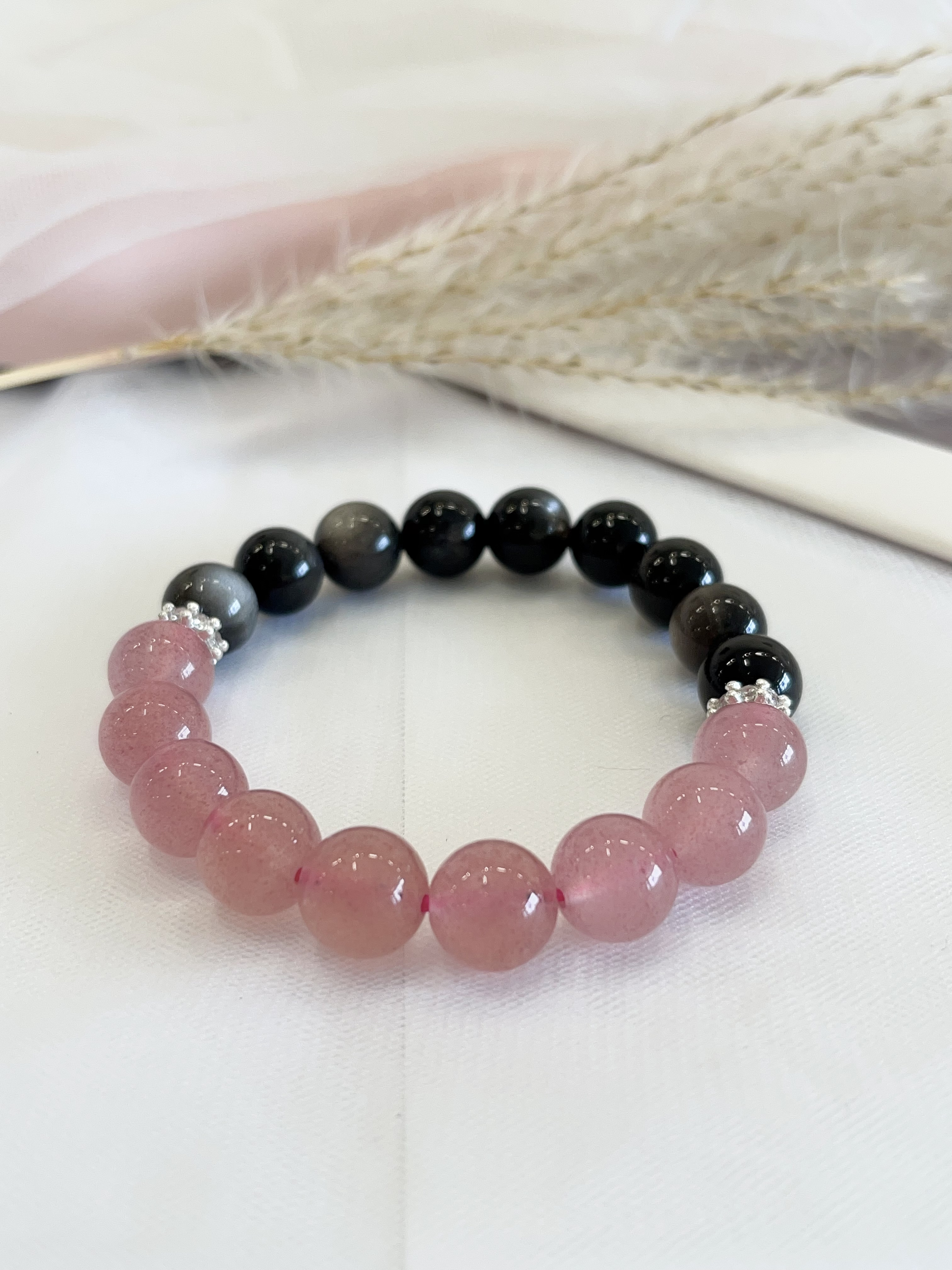 🍓 草莓晶 × 银曜石手串 Strawberry Quartz & Silver Obsidian