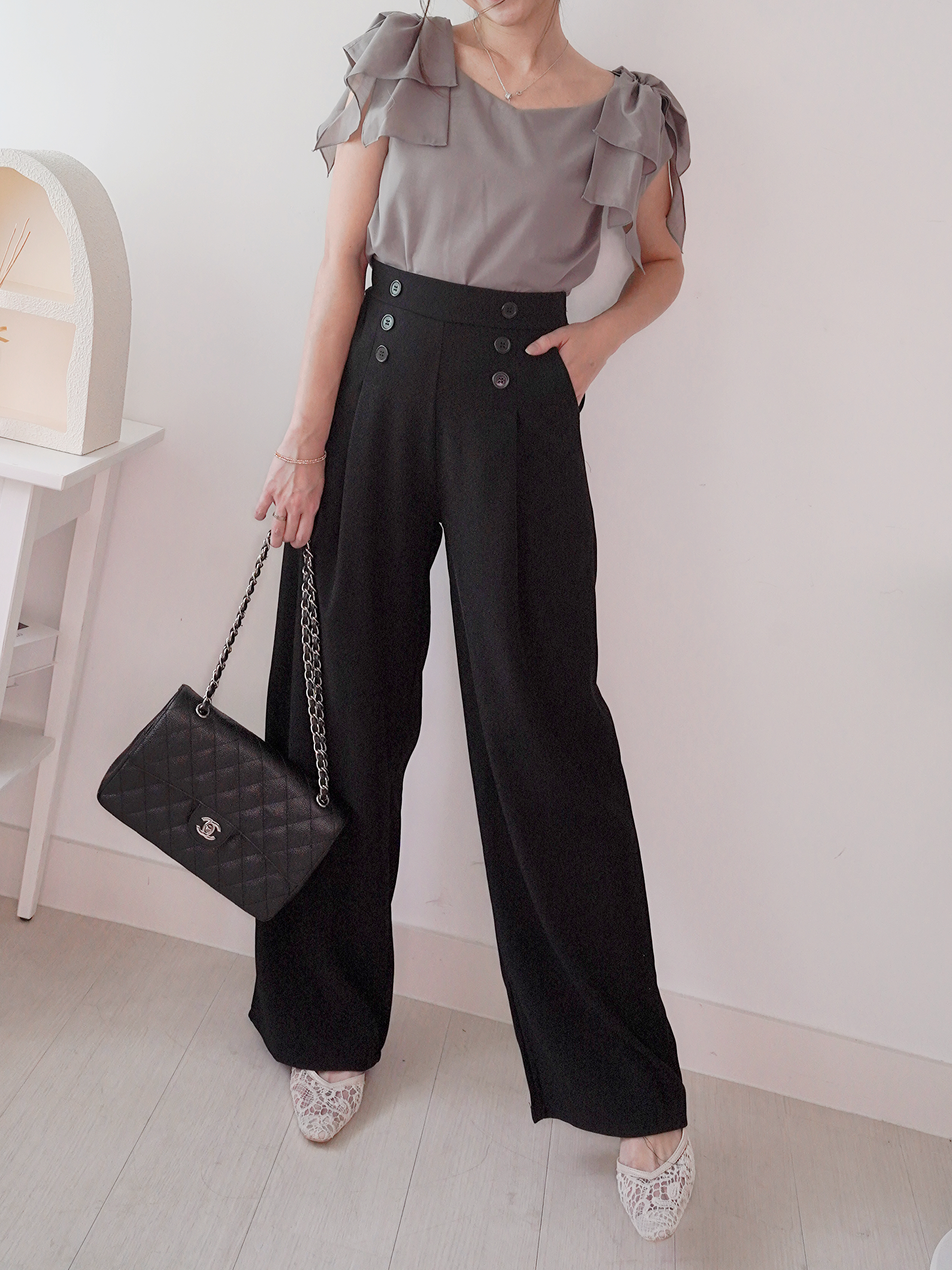 百搭知性の選💮排鈕闊腳長褲(KR)黑色310737