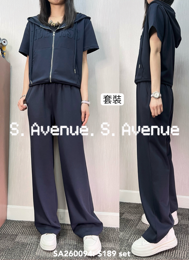 SA260084: 短袖有帽英文字拉錬外套配休閑褲套裝