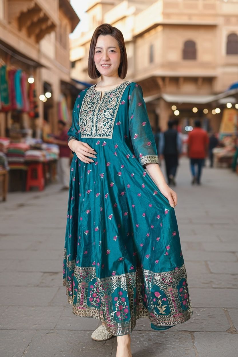 Peacock Green Heavy Emb. with Pink Rose SIlky OP #1070