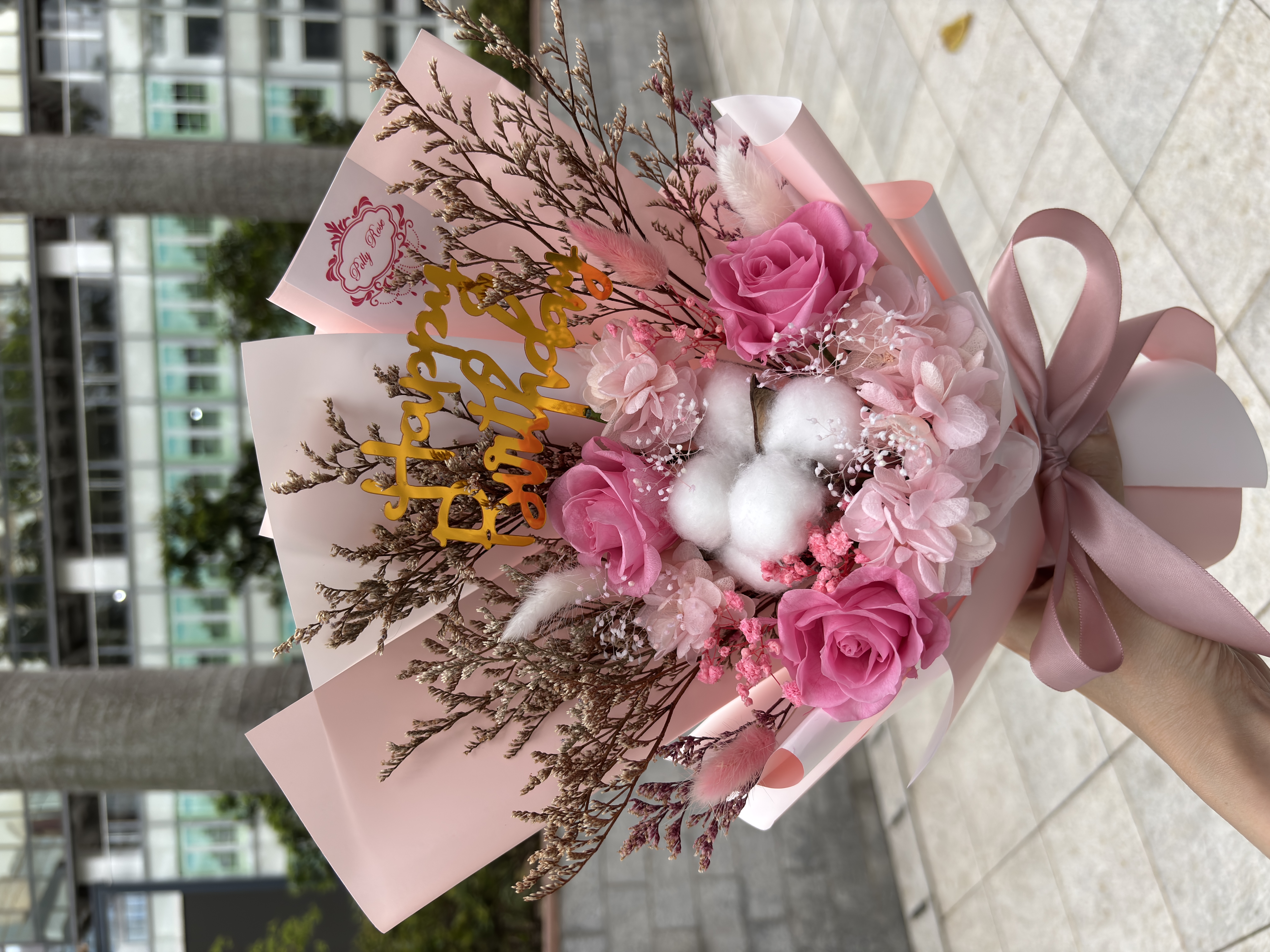 永生花花束（3朵玫瑰，高約36cm，紅、粉紅、紫、藍、淺粉）