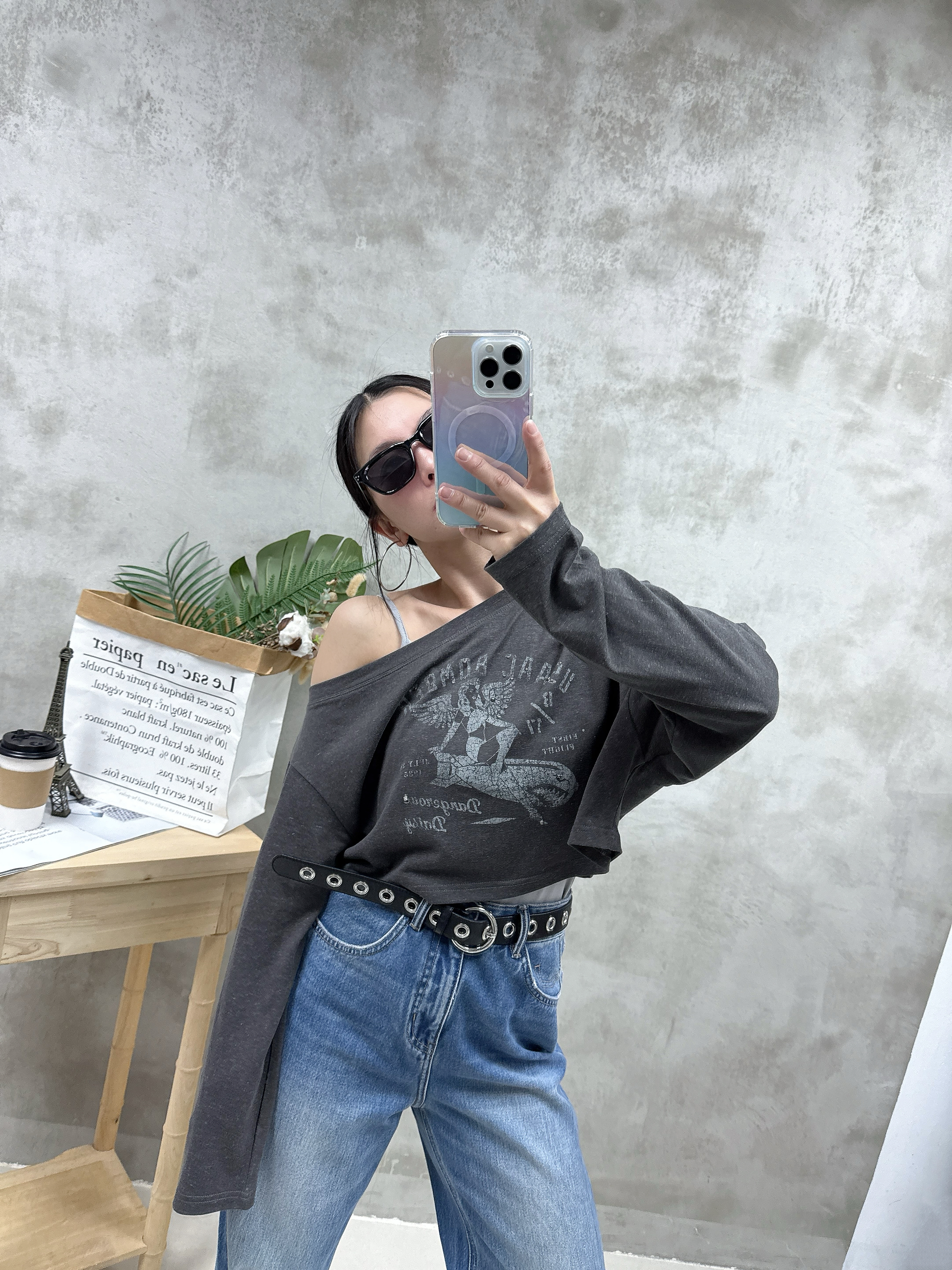背心+單邊露膊print Tee