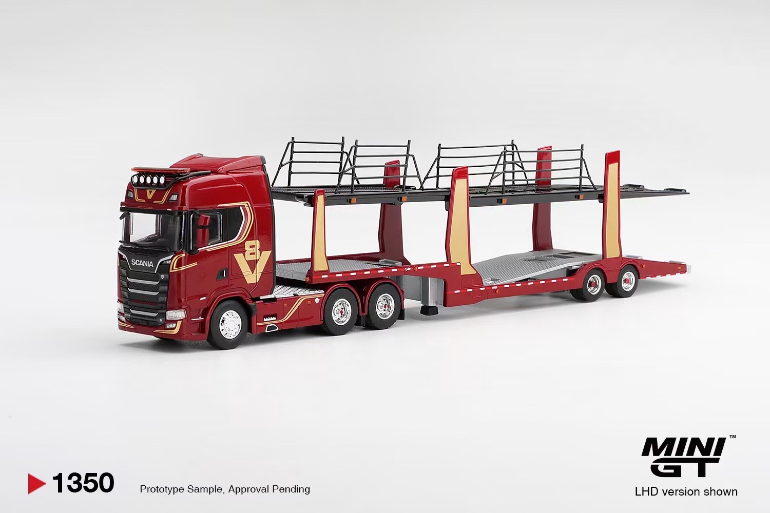 （預訂 Pre Order) MINI GT ( MGT01350-R ) Scania 770S A6x4NA Car Transporter V8 50th anniversary + Car transporter Red