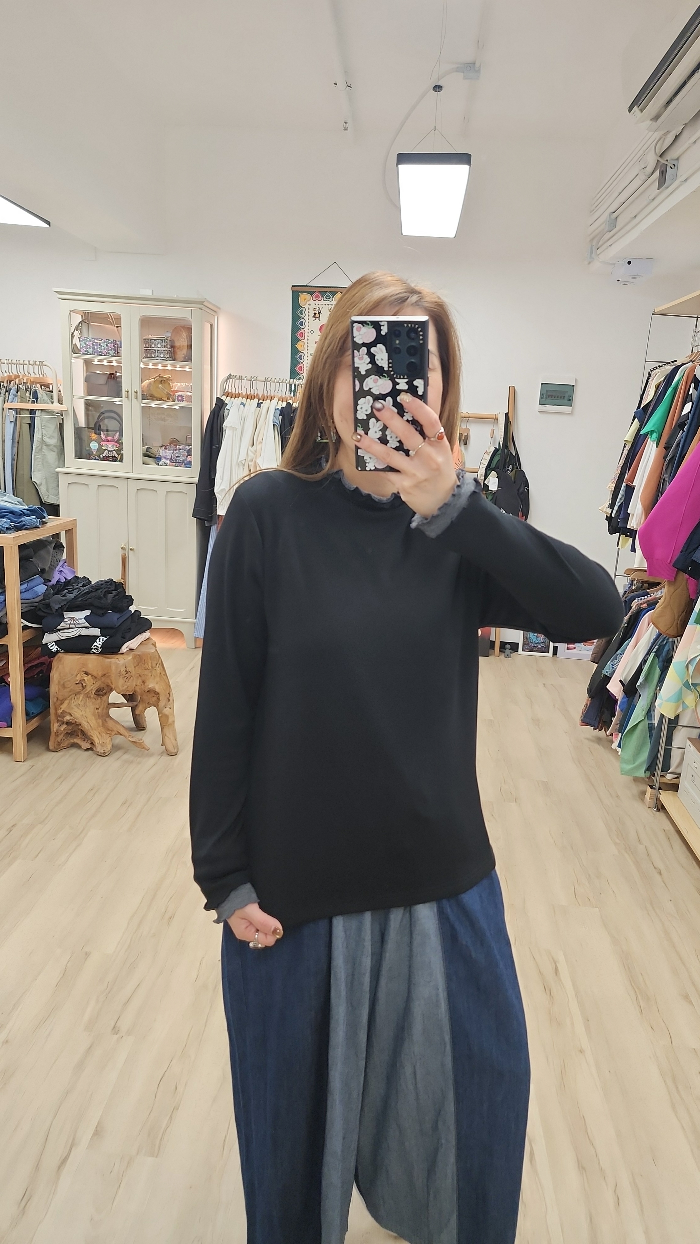 韓國黑拼炭灰木耳邊薄絨底棉襯衫