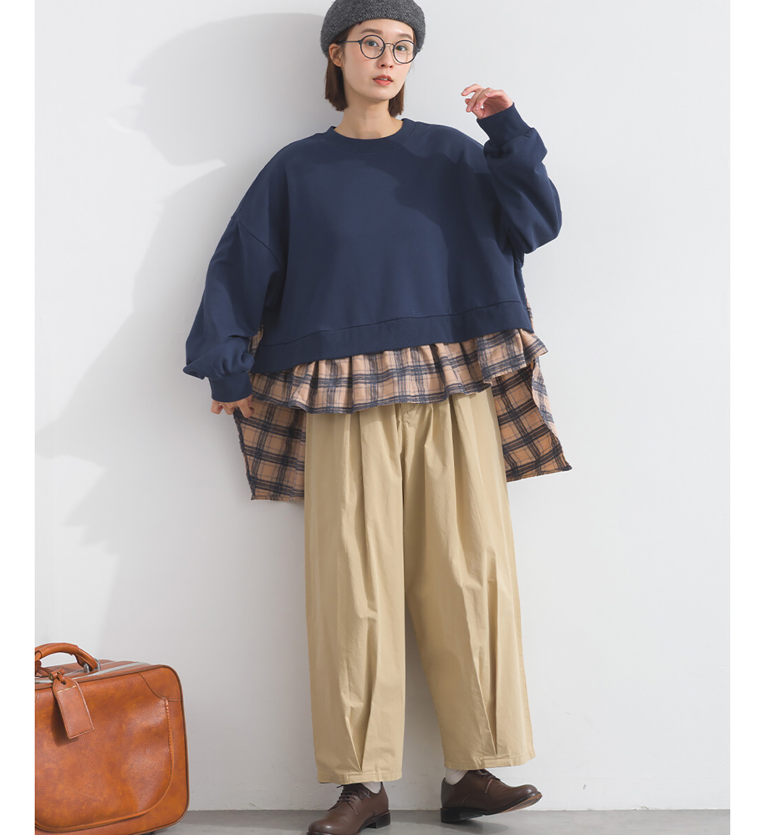 LP - 格子短擺長袖上衣 (深藍色)