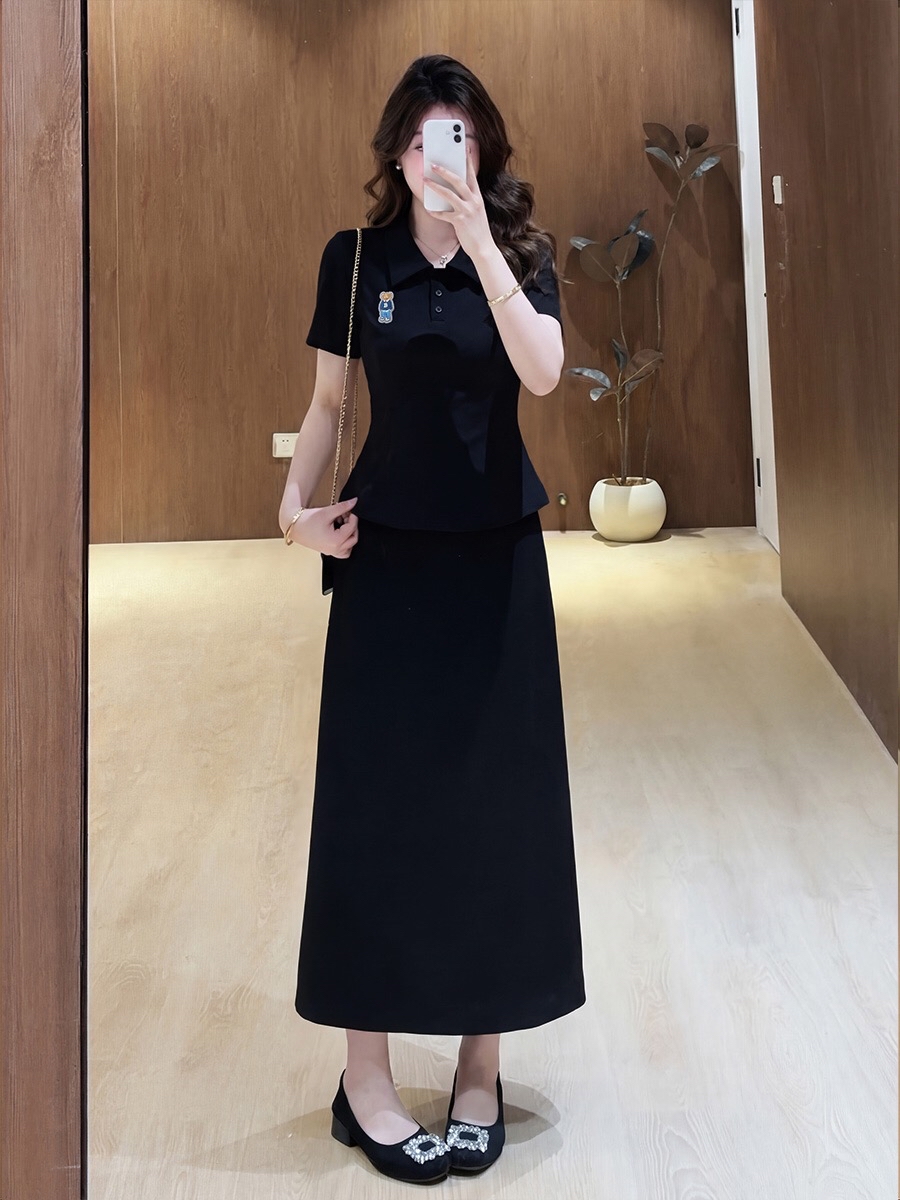 B282(3580长) 长款韩系小香风RL小熊POLO领上衣与长裙黑套装 