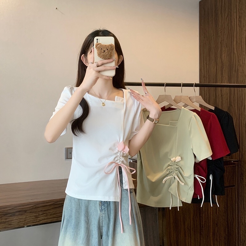 B387(16336) 韩系甜美风单边下摆立体郁金香束带3色上衣